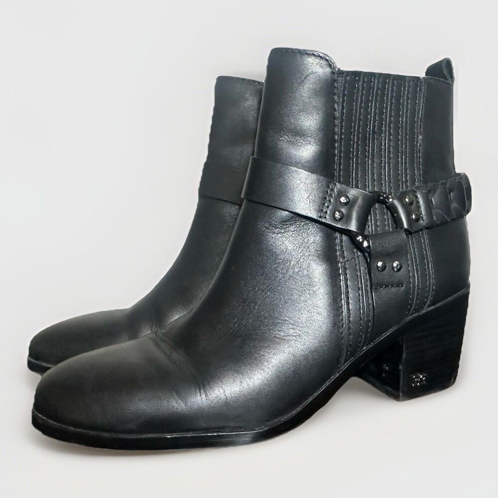 Sam Edelman Dalma Black Leather Studded Harness Chelsea Ankle Boots Women 8